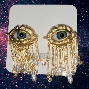 Gold Devil Eye Earrings with Pearl Accents